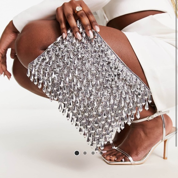 ASOS Handbags - Silver Beaded Fringe Evening Clutch